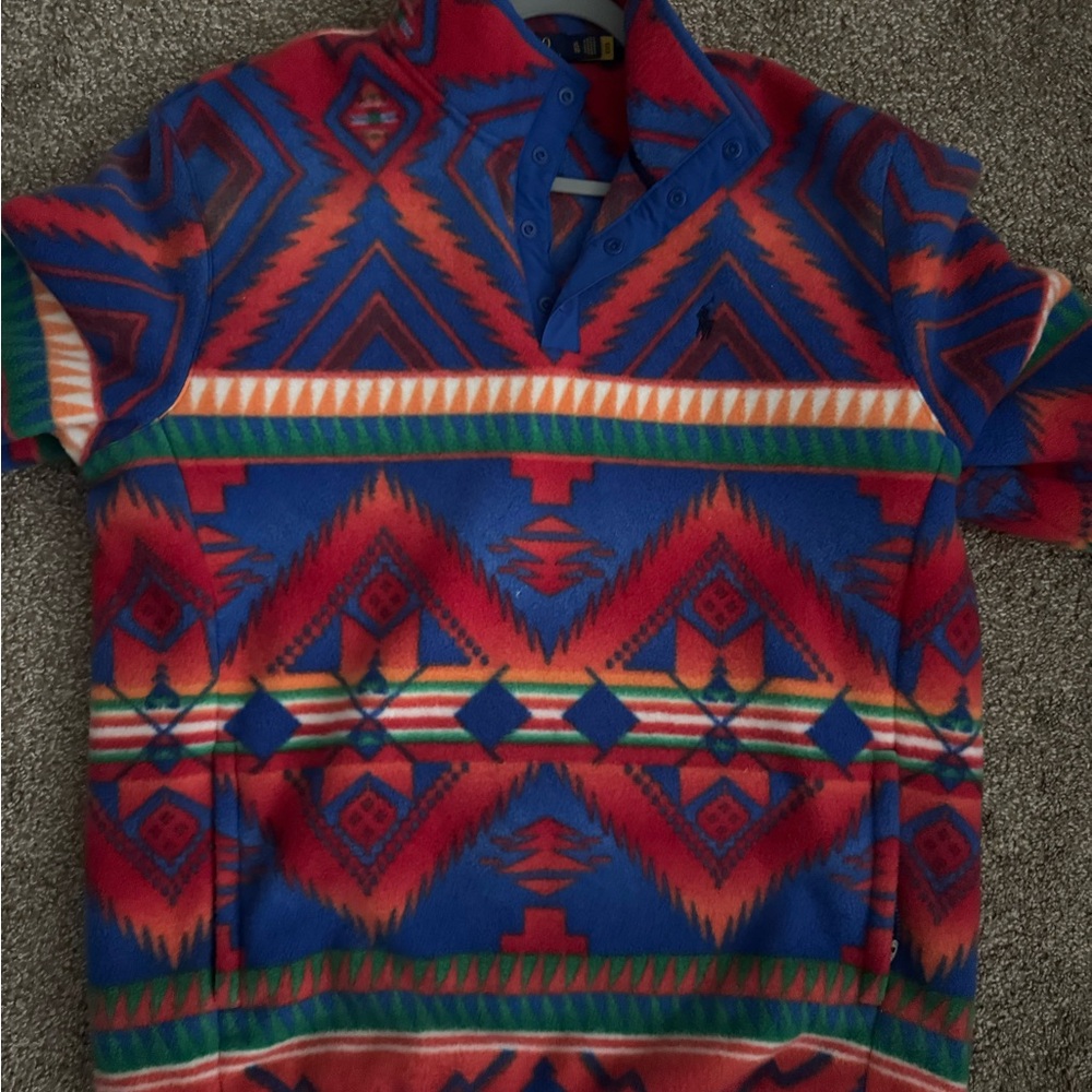 Ralph Lauren Red and Blue Geometric Fleece Sweatshirt